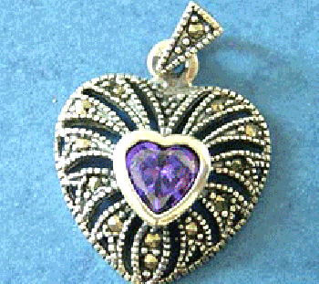 wholesale jewelry supply - heartshaped silver pendant embeded with purple stone    